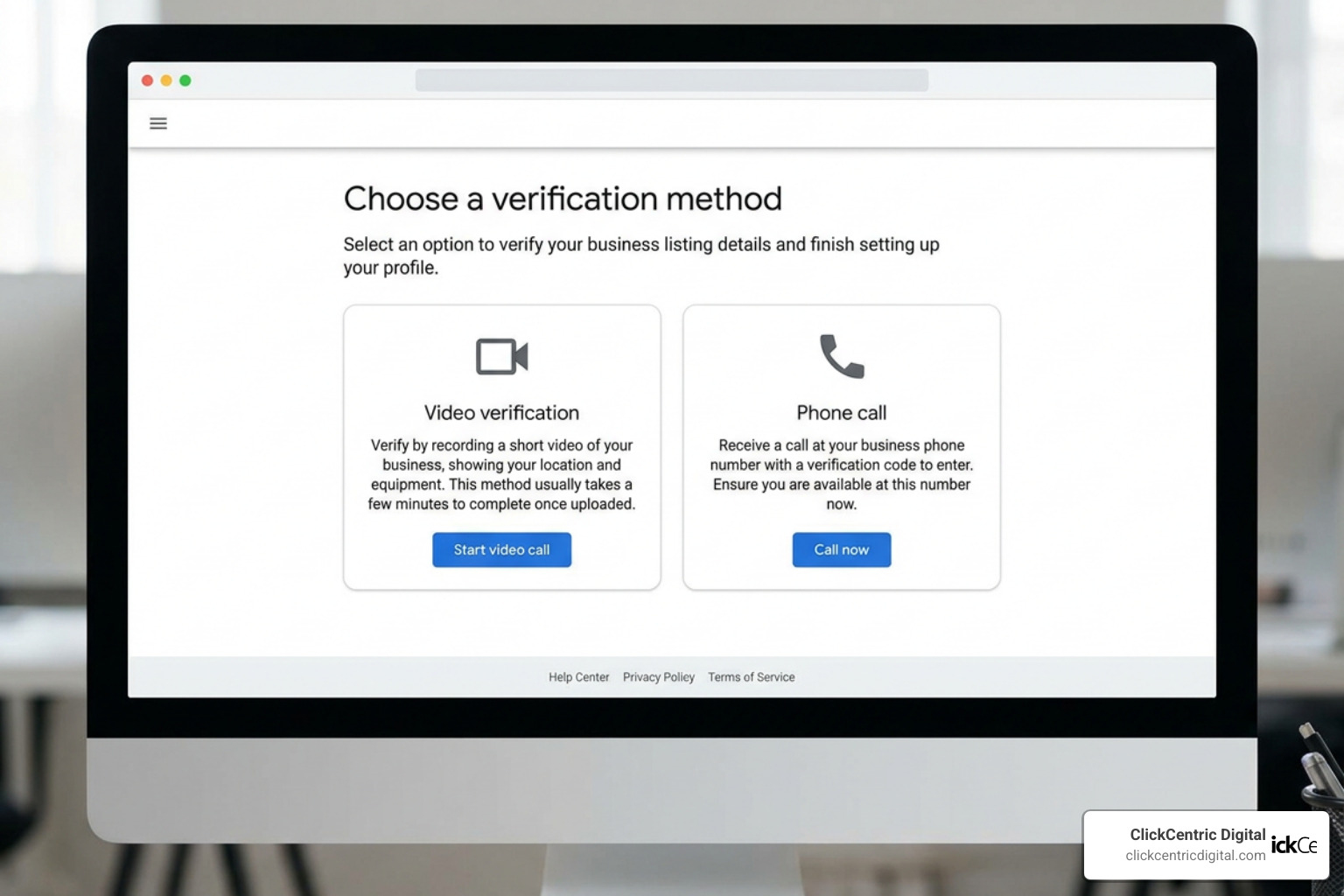 Google Business Profile verification options screen showing video and phone methods Google Business Profile verification options screen showing video and phone methods