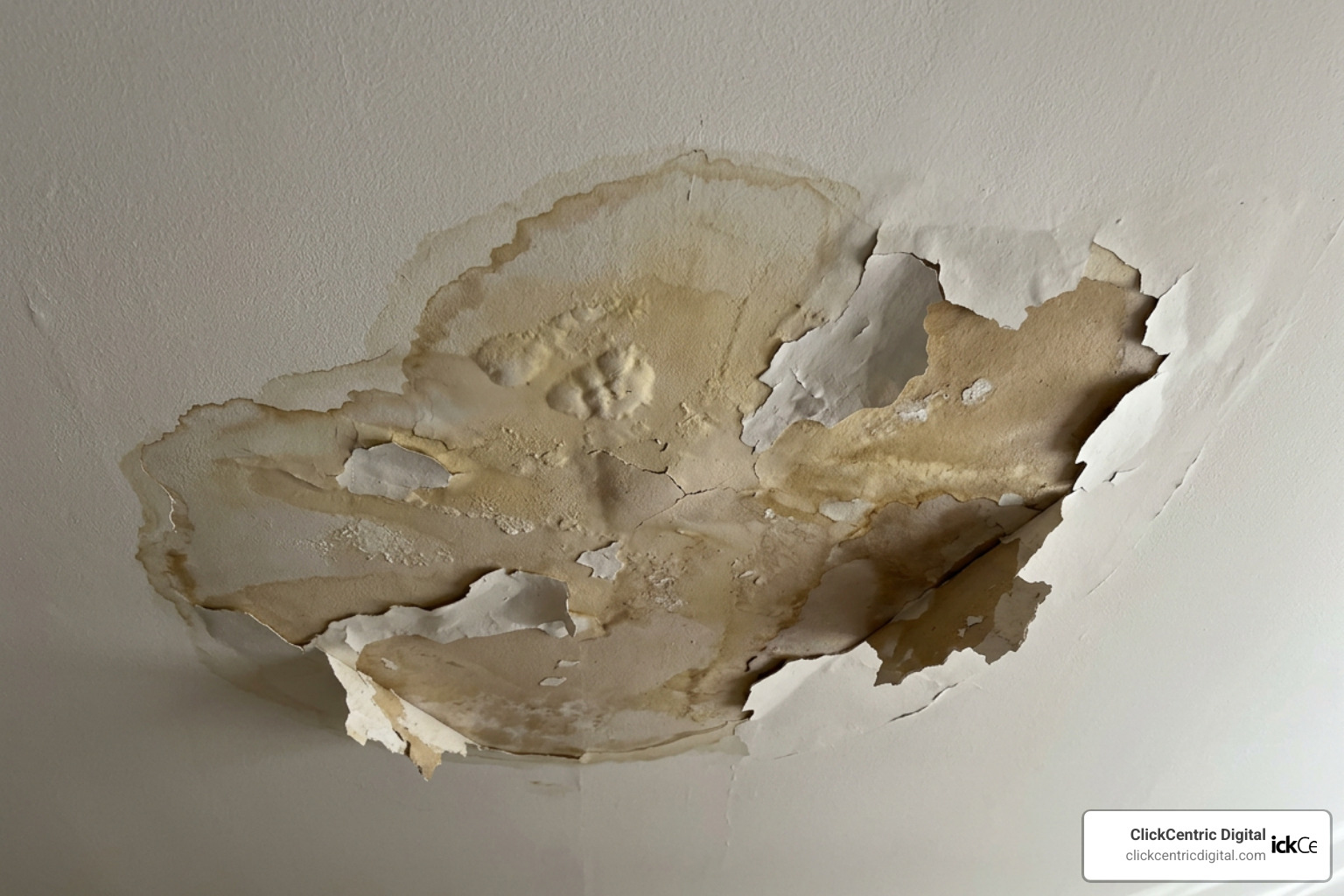 Water damage stain on a home ceiling Water damage stain on a home ceiling