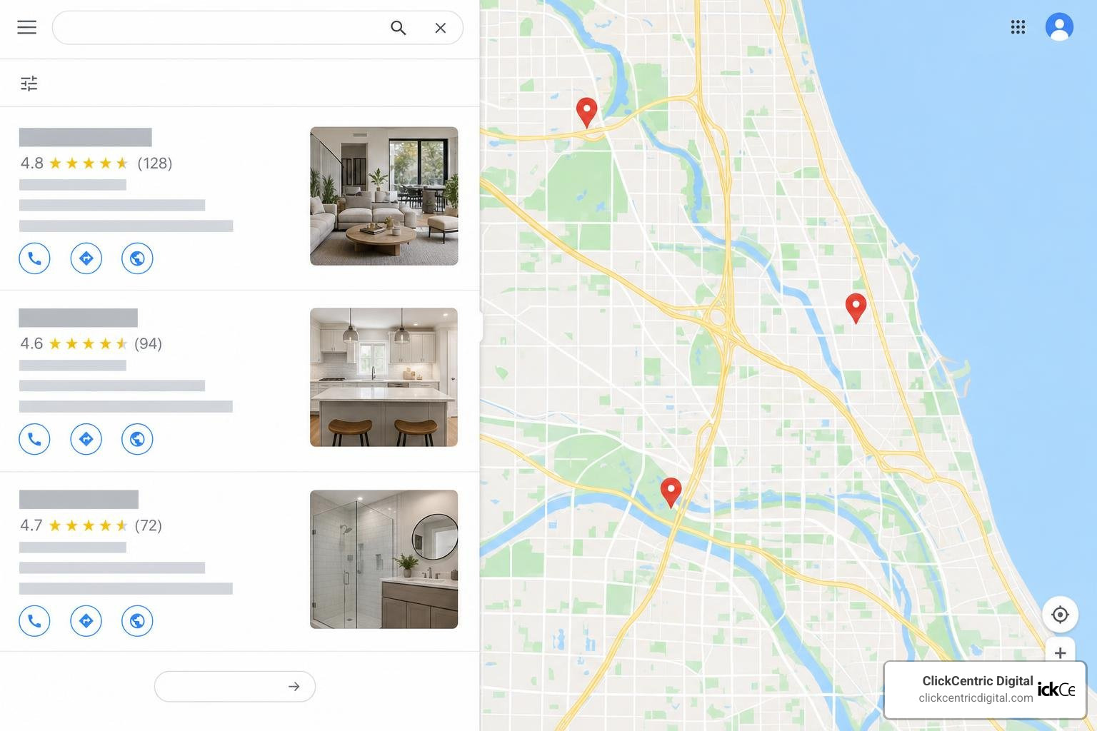 Google Local Pack search results showing top local businesses on Google Maps Google Local Pack search results showing top local businesses on Google Maps
