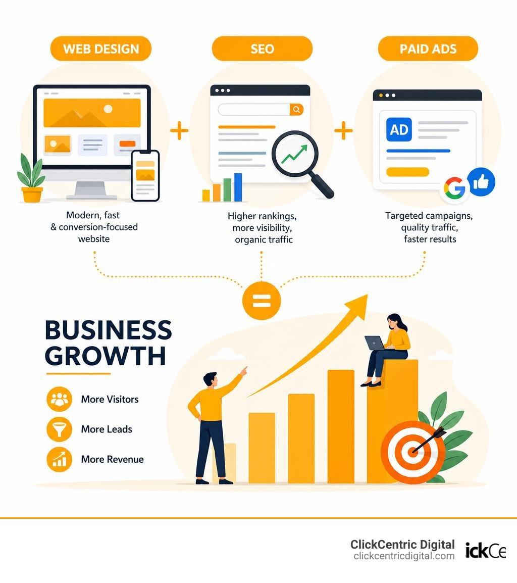 Infographic showing integrated digital strategy: web design plus SEO plus paid ads equals business growth infographic Infographic showing integrated digital strategy: web design plus SEO plus paid ads equals business growth infographic