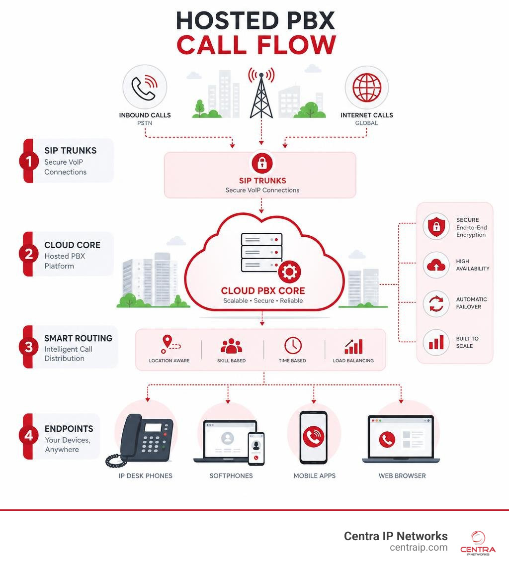Hosted PBX call flow infographic showing cloud core, SIP trunks, smart routing, and endpoint devices infographic Hosted PBX call flow infographic showing cloud core, SIP trunks, smart routing, and endpoint devices infographic