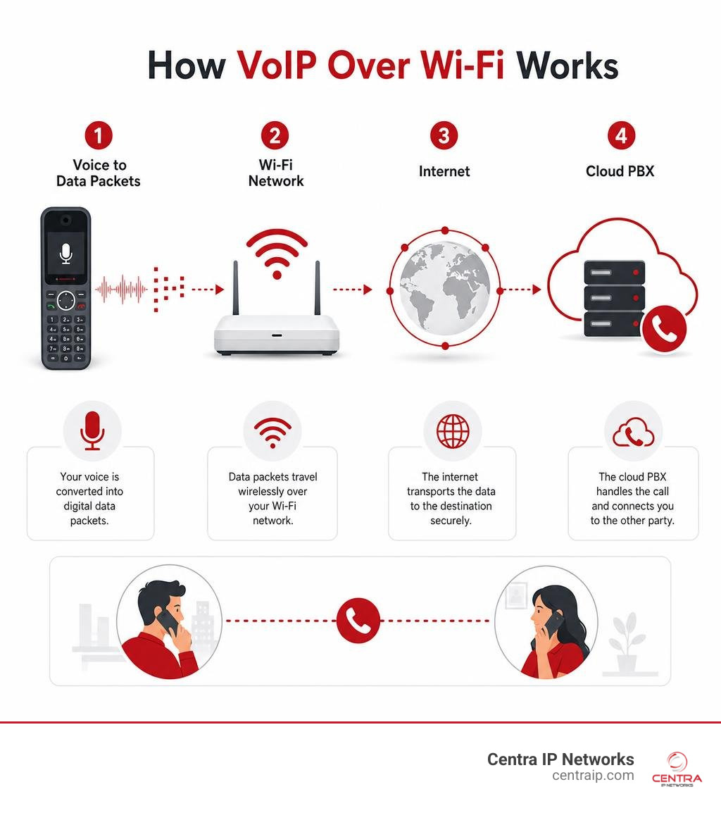 Infographic showing how VoIP over Wi-Fi works: voice to data packets, Wi-Fi network, internet, cloud PBX infographic Infographic showing how VoIP over Wi-Fi works: voice to data packets, Wi-Fi network, internet, cloud PBX infographic