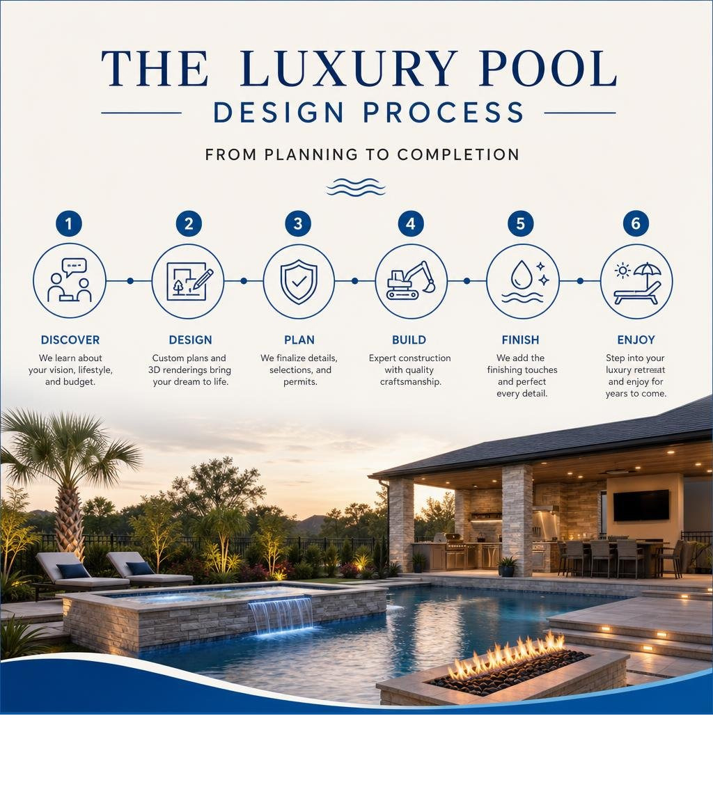 Key steps in the luxury backyard pool design process from planning to completion infographic Key steps in the luxury backyard pool design process from planning to completion infographic