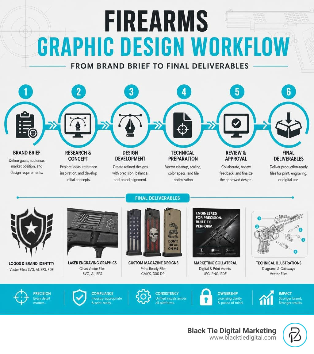 Firearms graphic design workflow from brand brief to final deliverables infographic Firearms graphic design workflow from brand brief to final deliverables infographic