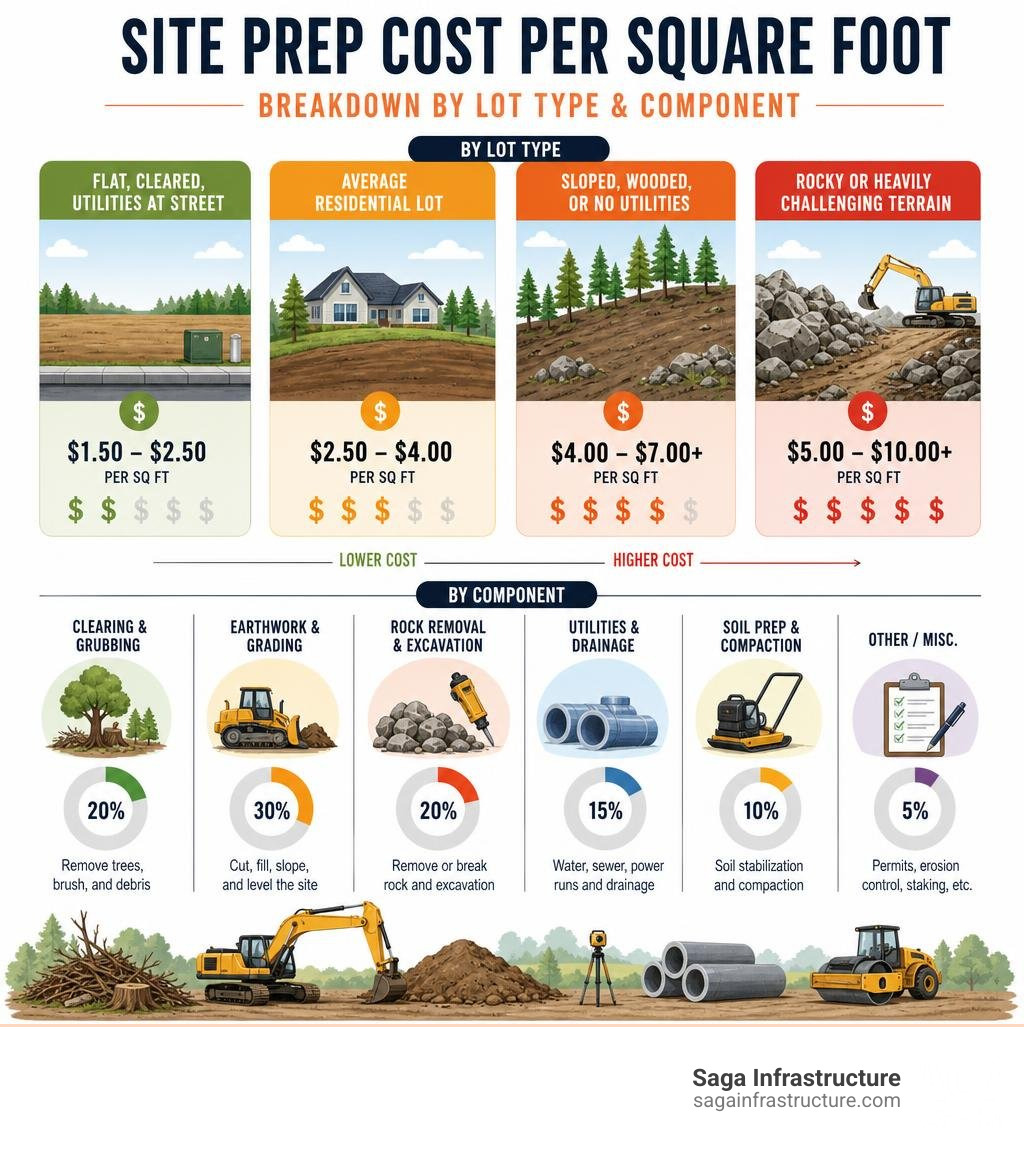 Site prep cost per square foot breakdown infographic by lot type and component infographic Site prep cost per square foot breakdown infographic by lot type and component infographic