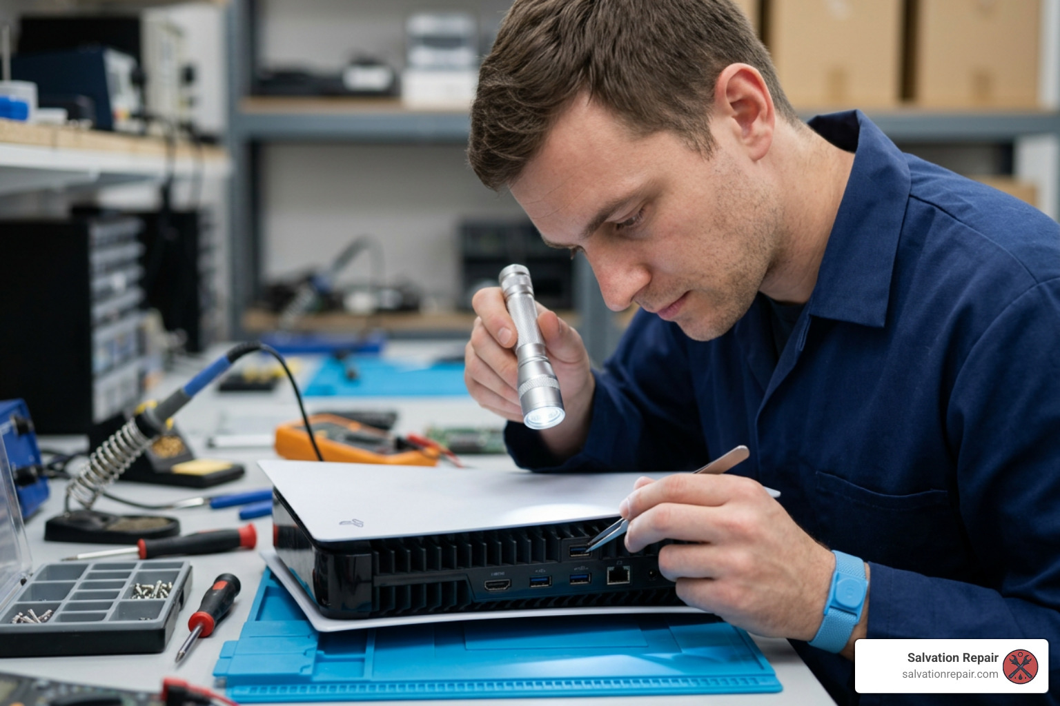 technician inspecting a PS5 HDMI port with a flashlight technician inspecting a PS5 HDMI port with a flashlight