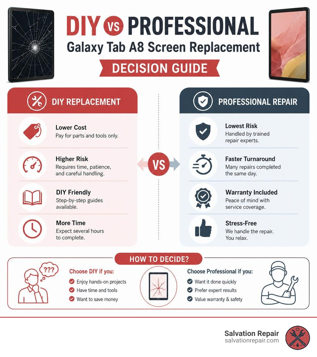 DIY vs professional Galaxy Tab A8 screen replacement decision guide infographic infographic DIY vs professional Galaxy Tab A8 screen replacement decision guide infographic infographic