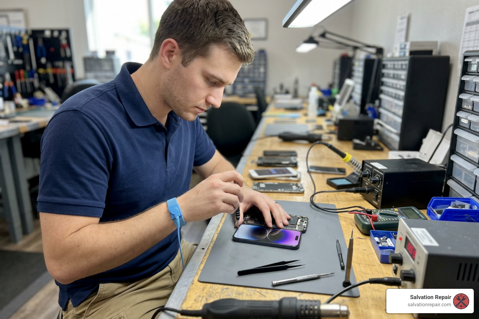 Technician calibrating a newly installed iPhone screen Technician calibrating a newly installed iPhone screen