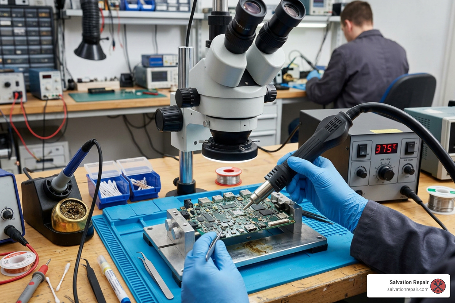 Professional micro-soldering setup under a microscope with hot air station Professional micro-soldering setup under a microscope with hot air station