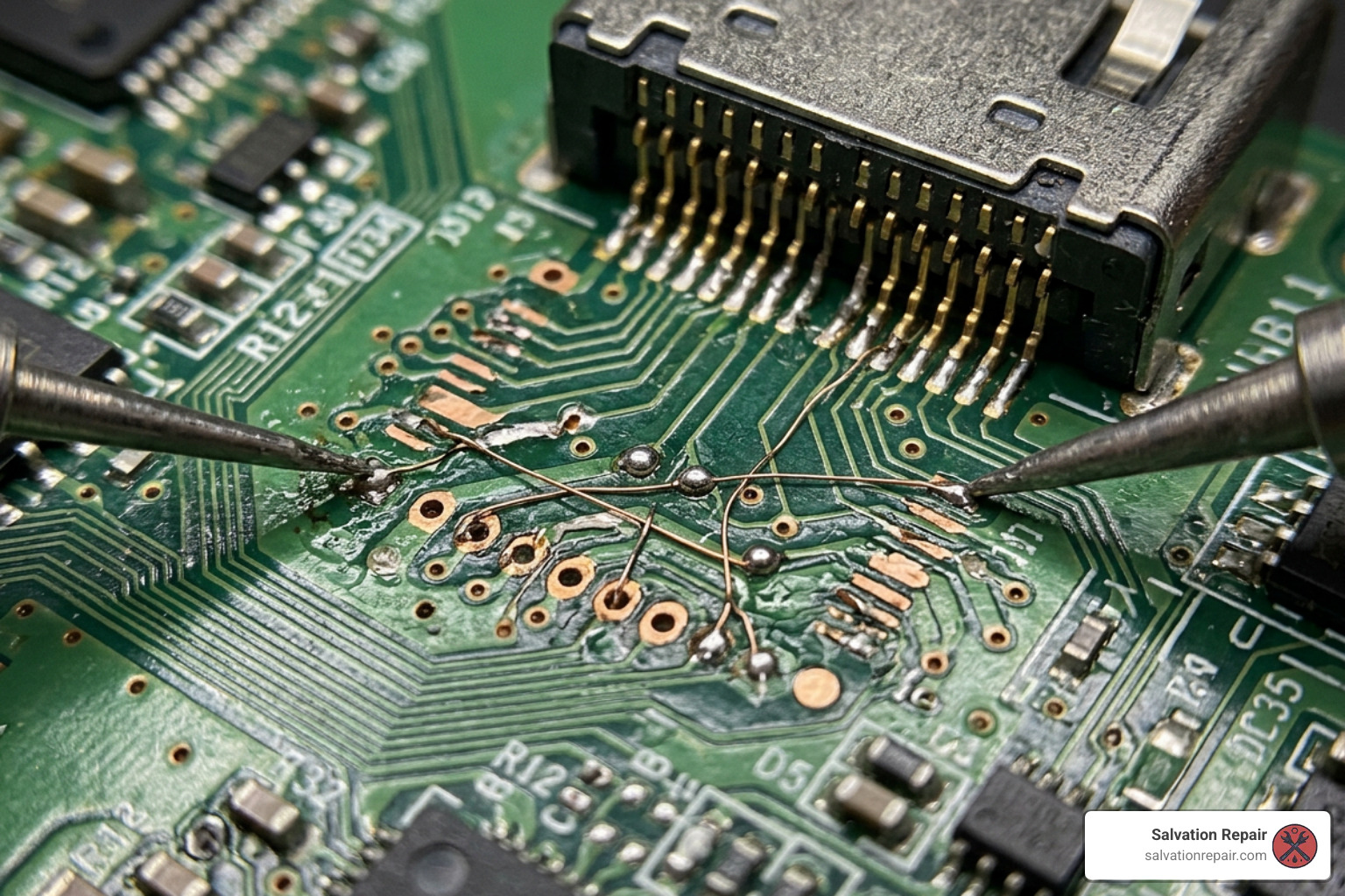 Microscope view of micro-soldering jumper wires to repair torn motherboard traces Microscope view of micro-soldering jumper wires to repair torn motherboard traces