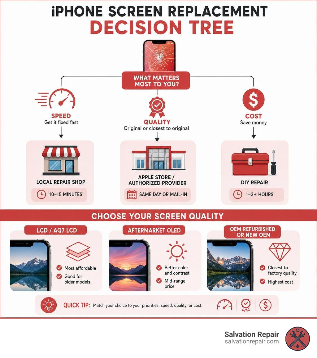 iPhone screen replacement decision tree: LCD vs OLED vs OEM, Apple vs local shop vs DIY infographic iPhone screen replacement decision tree: LCD vs OLED vs OEM, Apple vs local shop vs DIY infographic