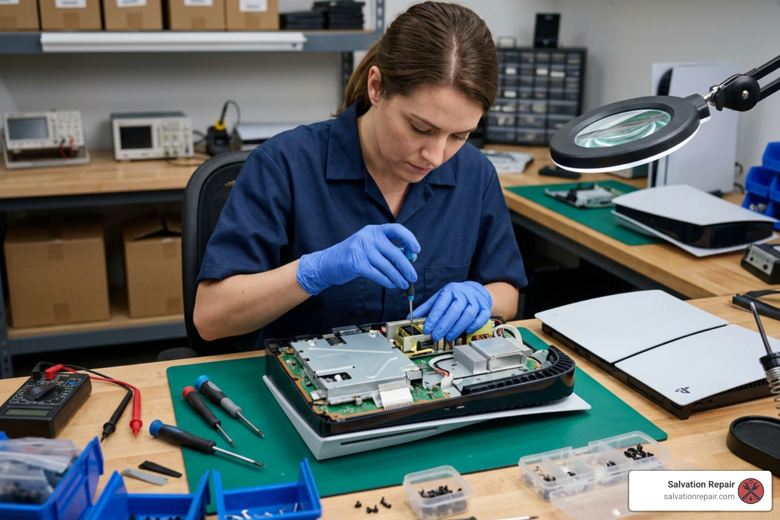 Technician working on a PS5 Slim power supply unit