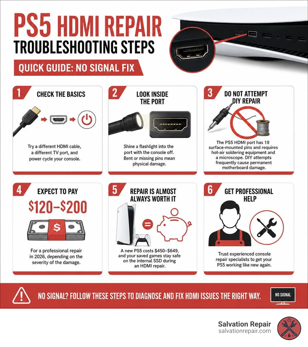 PS5 HDMI repair troubleshooting steps infographic quick guide no signal fix infographic PS5 HDMI repair troubleshooting steps infographic quick guide no signal fix infographic