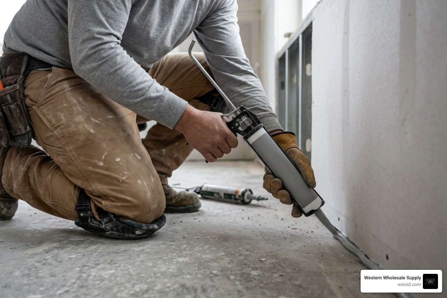 Professional application of acoustic sealant along the perimeter of soundproof drywall panels Professional application of acoustic sealant along the perimeter of soundproof drywall panels