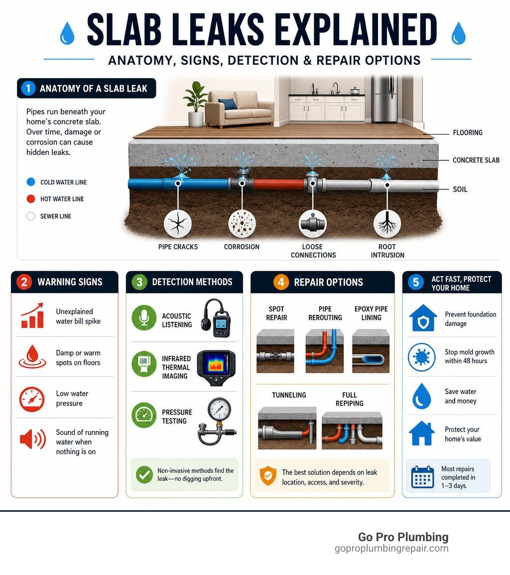 Infographic showing anatomy of a slab leak: pipe location under concrete, common leak points, warning signs, detection