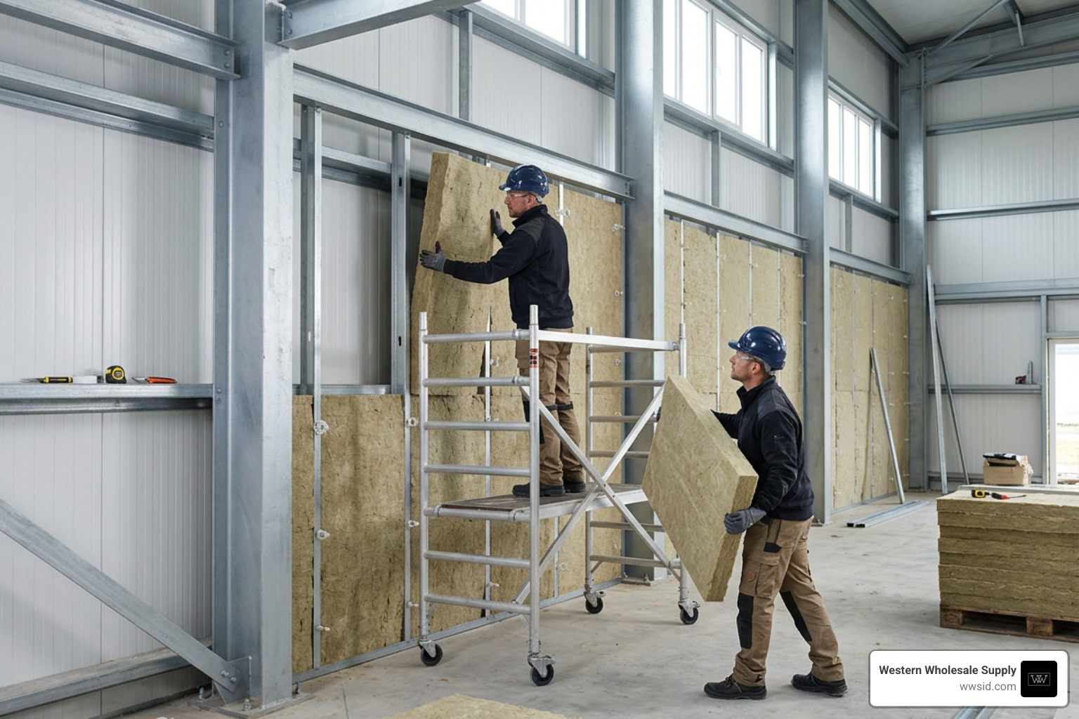 Professional installation of commercial insulation boards in a clean steel-framed building interior Professional installation of commercial insulation boards in a clean steel-framed building interior