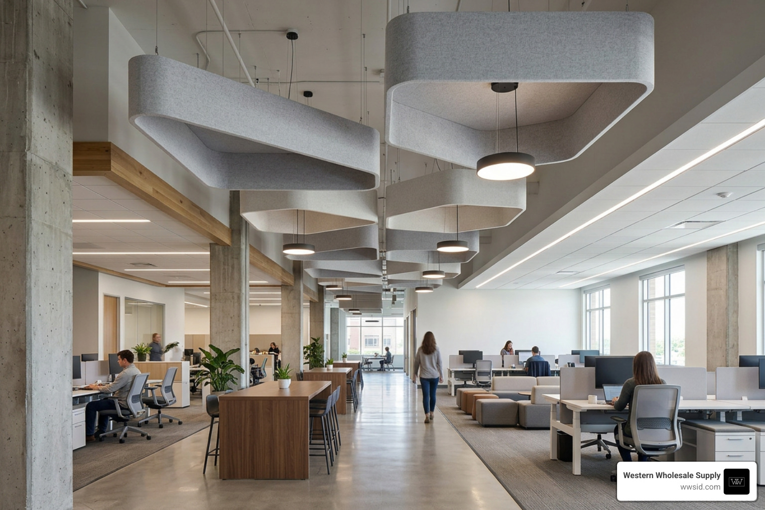 An elegant layout of fabric-wrapped acoustic ceiling clouds suspended in a commercial office An elegant layout of fabric-wrapped acoustic ceiling clouds suspended in a commercial office
