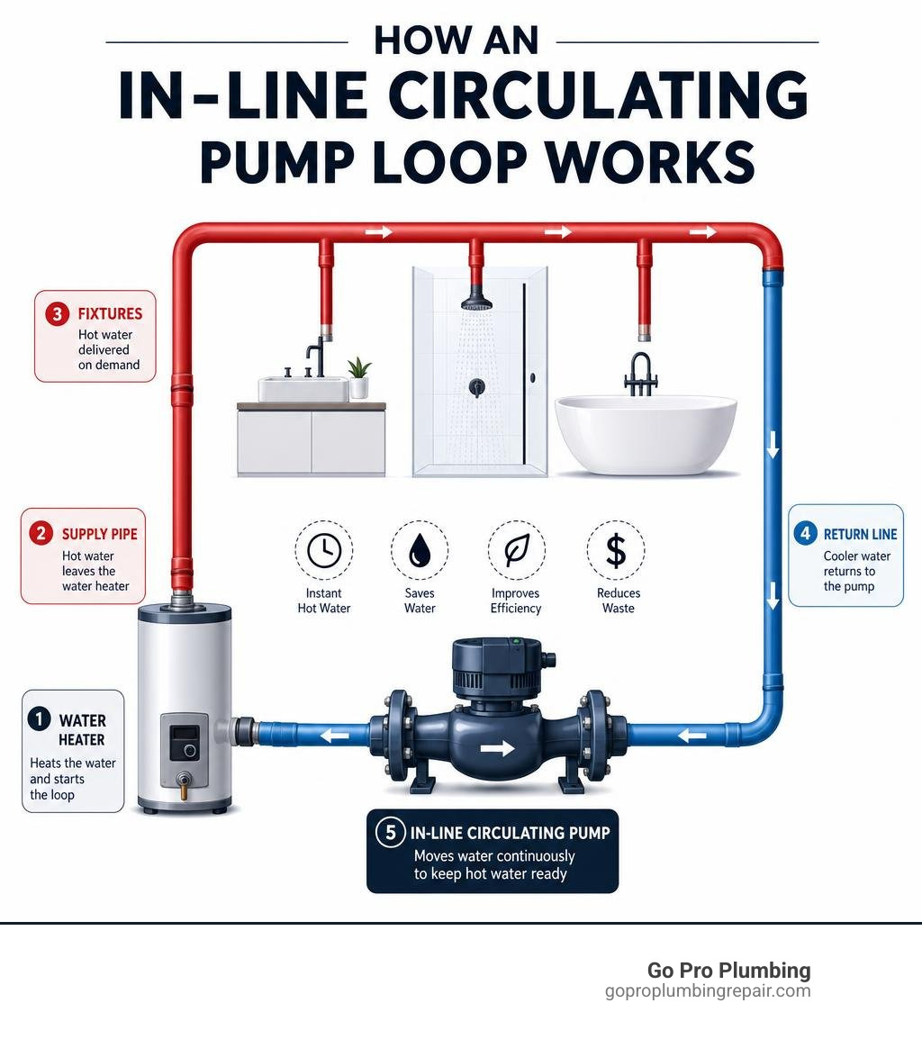 How an in-line circulating pump loop works: pump, supply pipe, fixtures, return line infographic