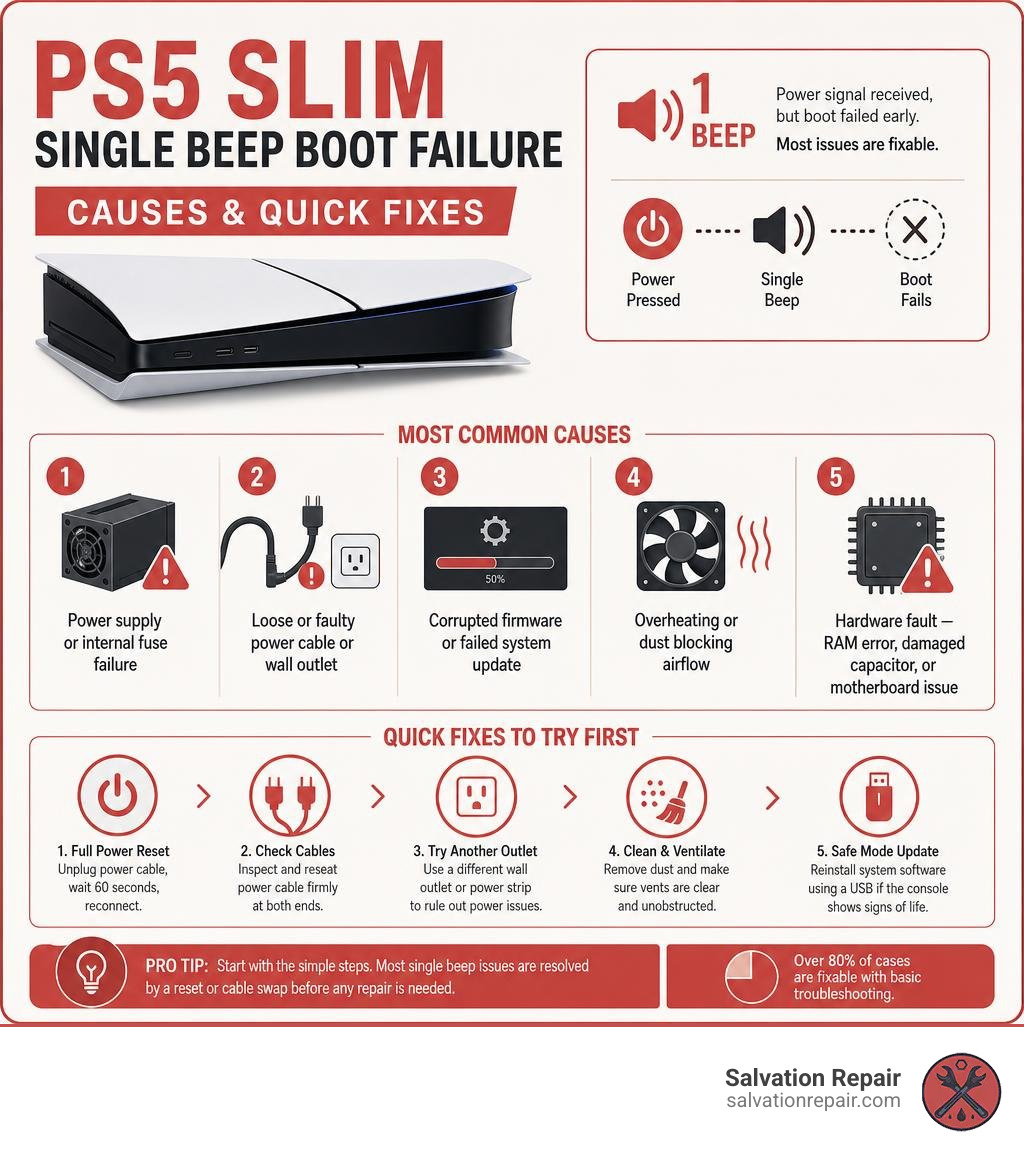 PS5 Slim single beep boot failure causes and quick fixes infographic infographic