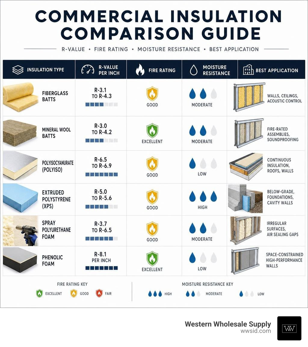 Infographic comparing commercial insulation types by R-value, fire rating, moisture resistance, and best application Infographic comparing commercial insulation types by R-value, fire rating, moisture resistance, and best application