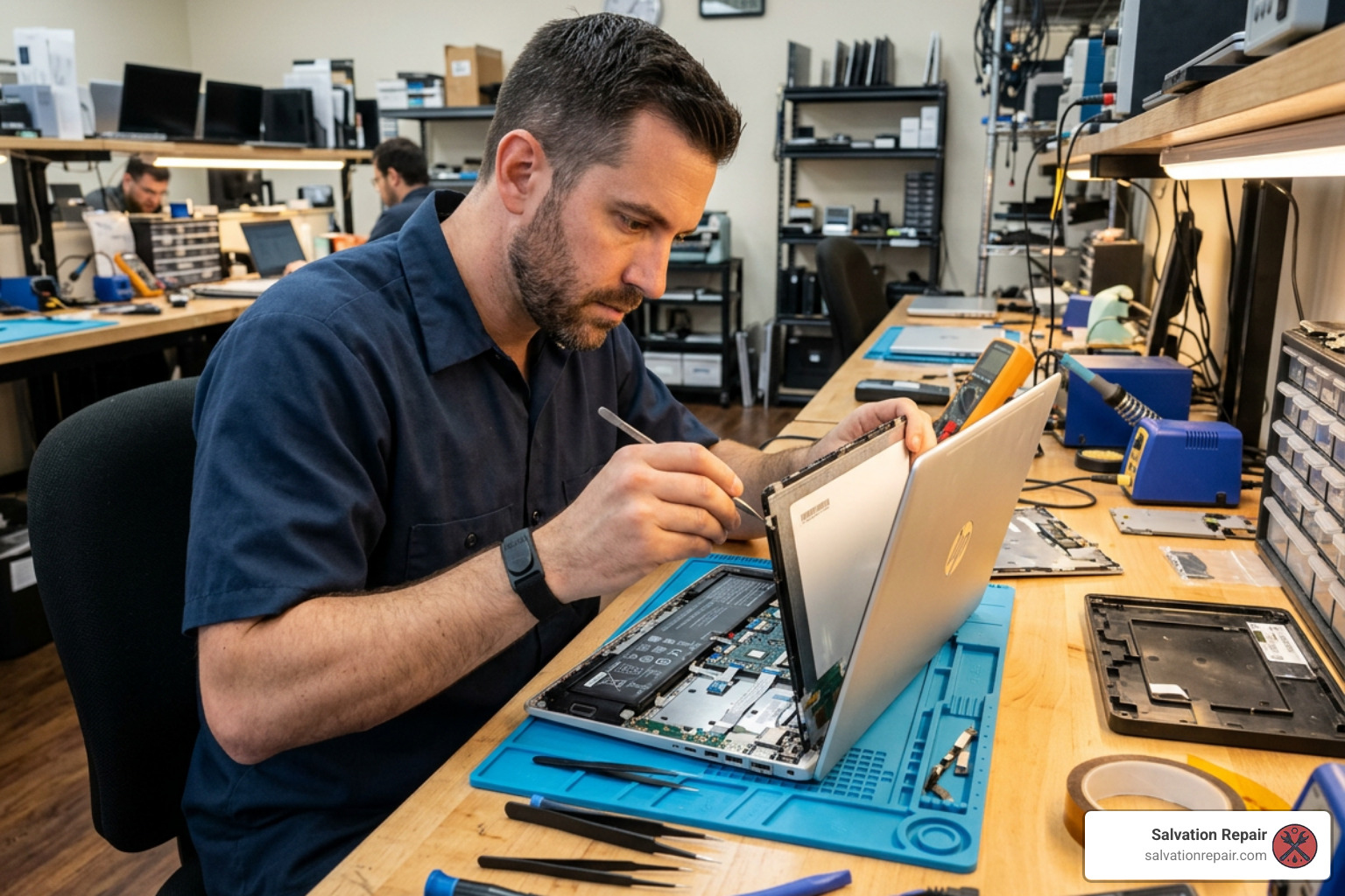 Professional repair technician repairing an HP laptop screen Professional repair technician repairing an HP laptop screen