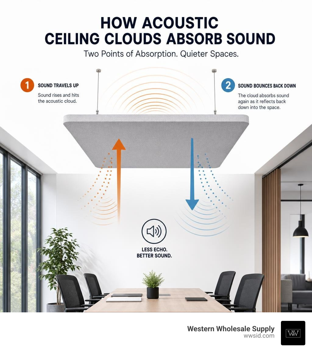 Infographic showing how acoustic ceiling clouds absorb sound at two points: traveling up and bouncing back down infographic Infographic showing how acoustic ceiling clouds absorb sound at two points: traveling up and bouncing back down infographic
