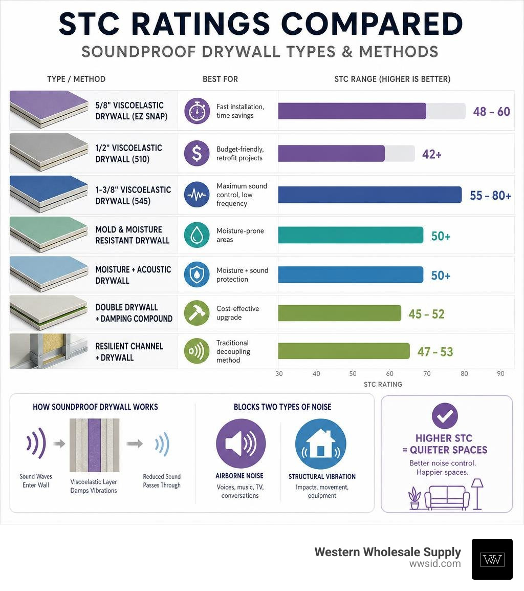 Infographic comparing STC ratings for soundproof drywall types and methods infographic Infographic comparing STC ratings for soundproof drywall types and methods infographic