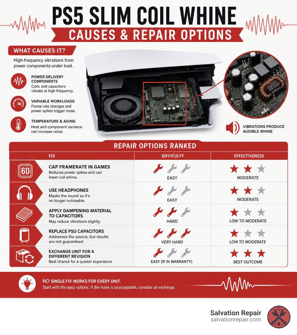 Infographic showing causes of PS5 Slim coil whine and repair options ranked by difficulty and effectiveness infographic