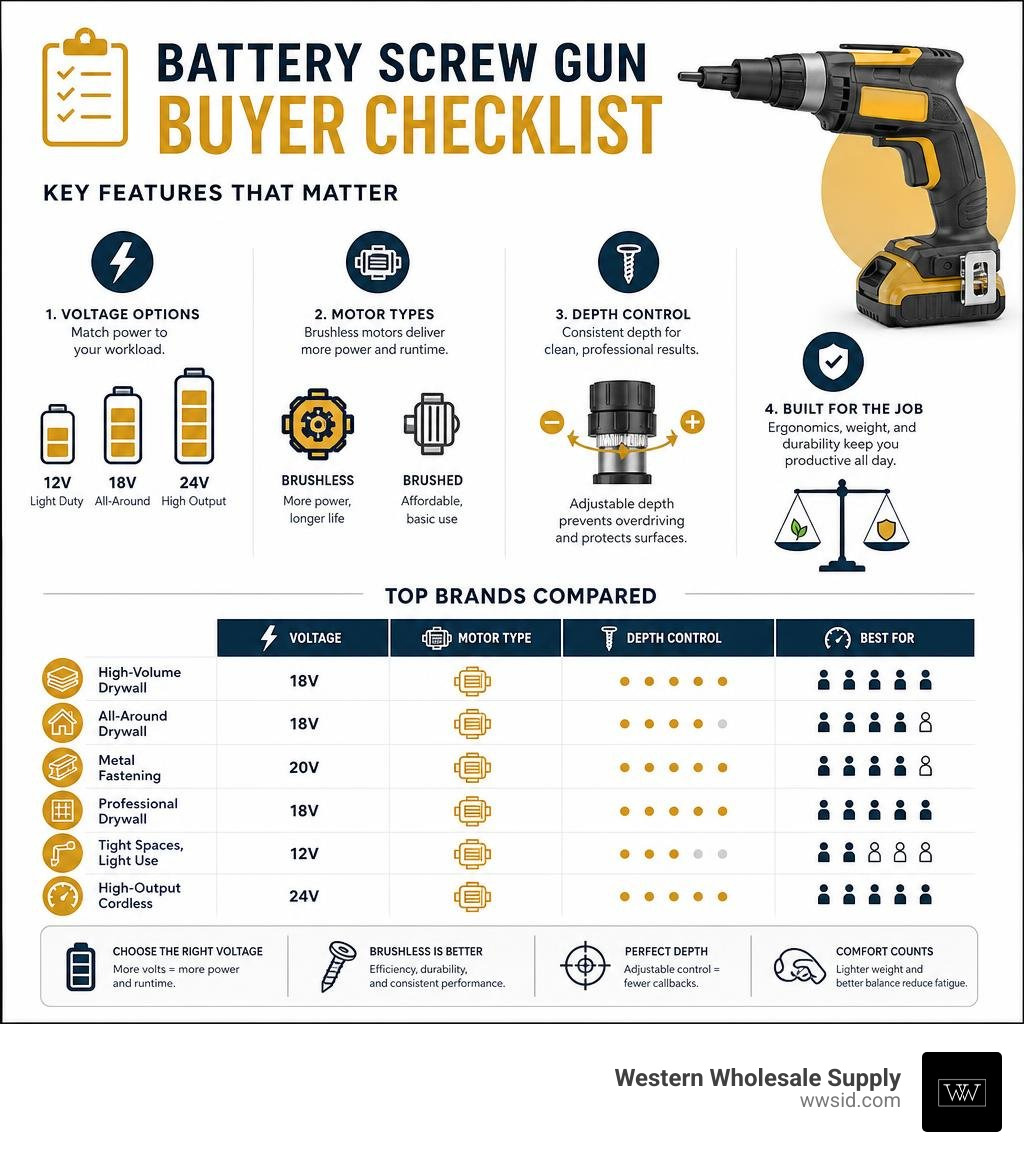 Battery screw gun buyer checklist infographic: voltage options, motor types, depth control, and top brands compared Battery screw gun buyer checklist infographic: voltage options, motor types, depth control, and top brands compared