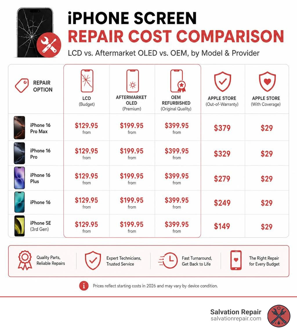 iPhone screen repair cost comparison infographic: LCD vs. aftermarket OLED vs. OEM, by model and provider infographic iPhone screen repair cost comparison infographic: LCD vs. aftermarket OLED vs. OEM, by model and provider infographic