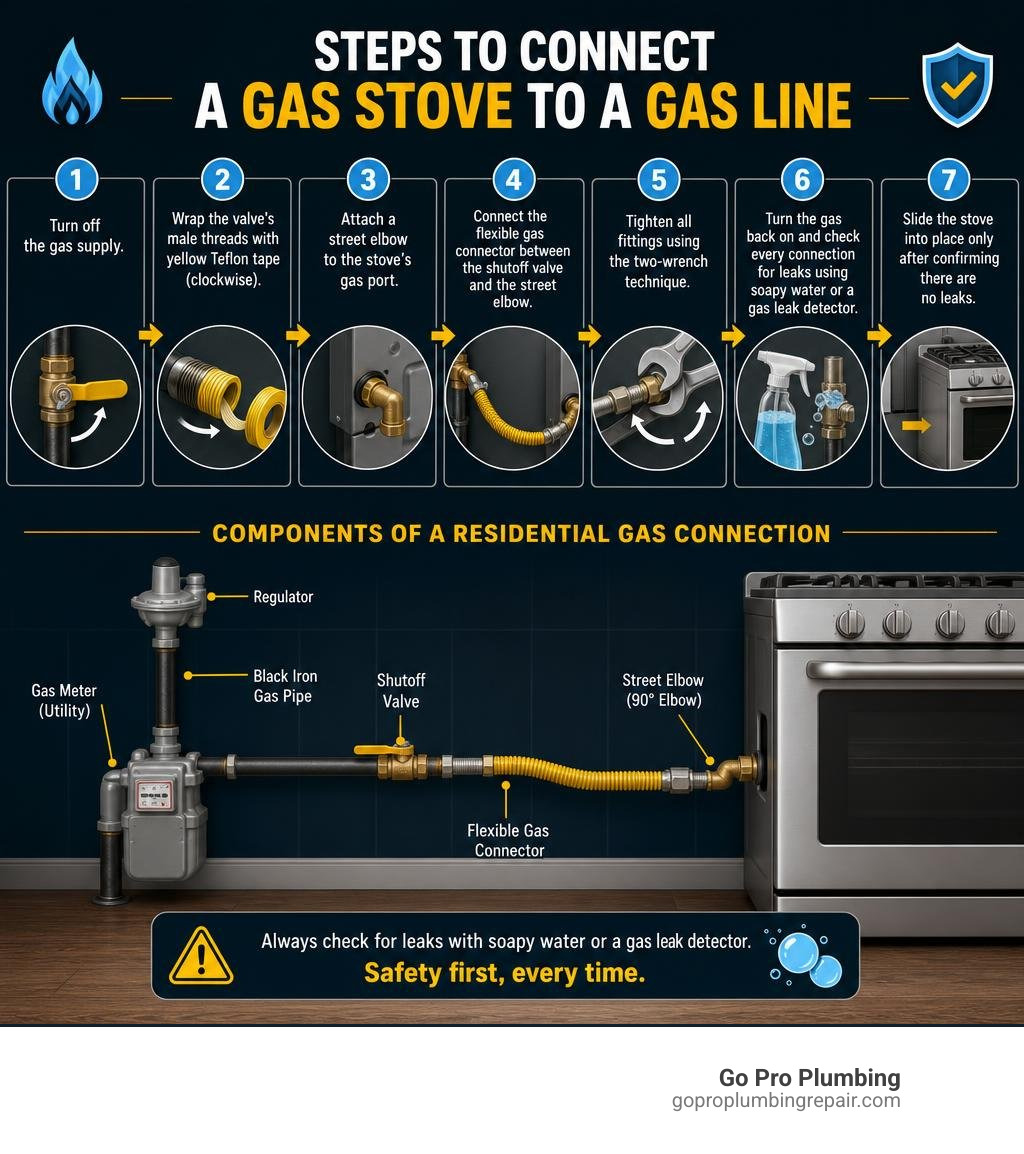 Steps to connect a gas stove to a gas line with components of a residential gas connection infographic
