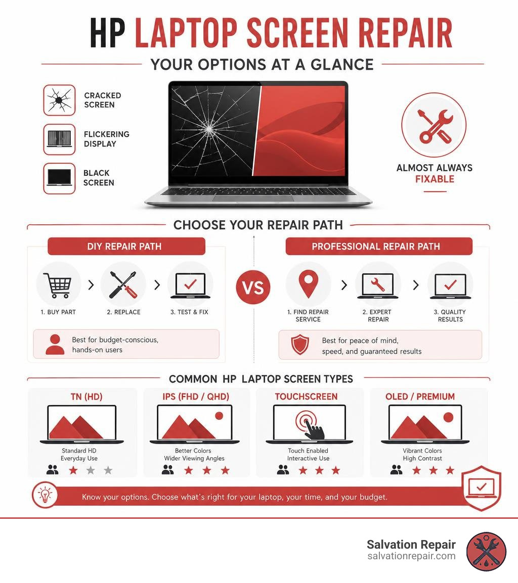 HP laptop screen repair options infographic showing DIY vs professional repair paths and screen types infographic HP laptop screen repair options infographic showing DIY vs professional repair paths and screen types infographic