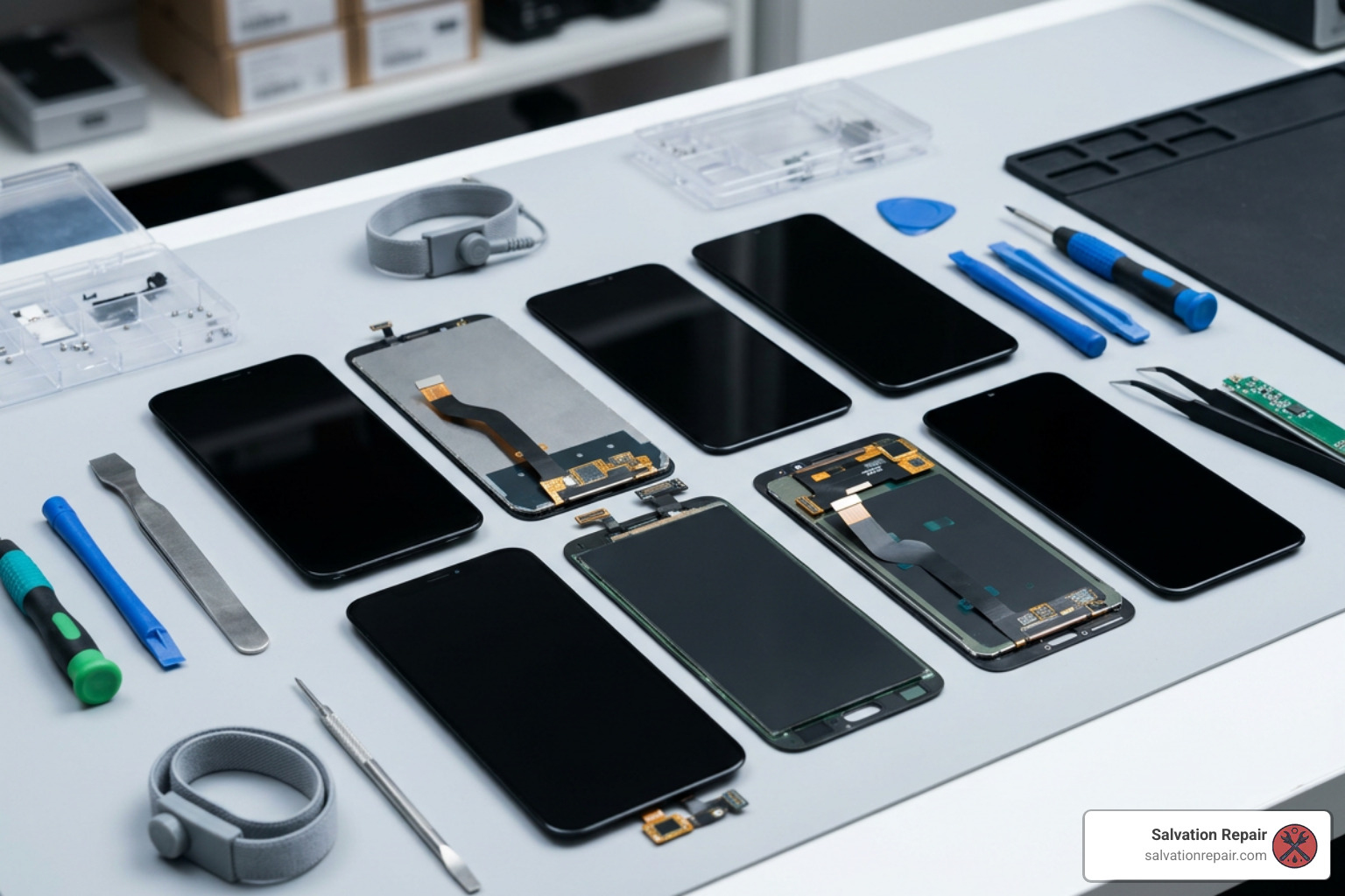 smartphone screen replacement parts showing display assemblies
