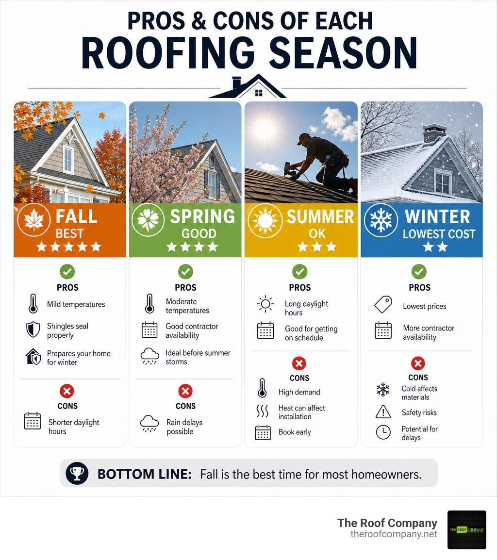 Pros and cons of each roofing season: fall best, spring good, summer high demand, winter lowest cost infographic Pros and cons of each roofing season: fall best, spring good, summer high demand, winter lowest cost infographic
