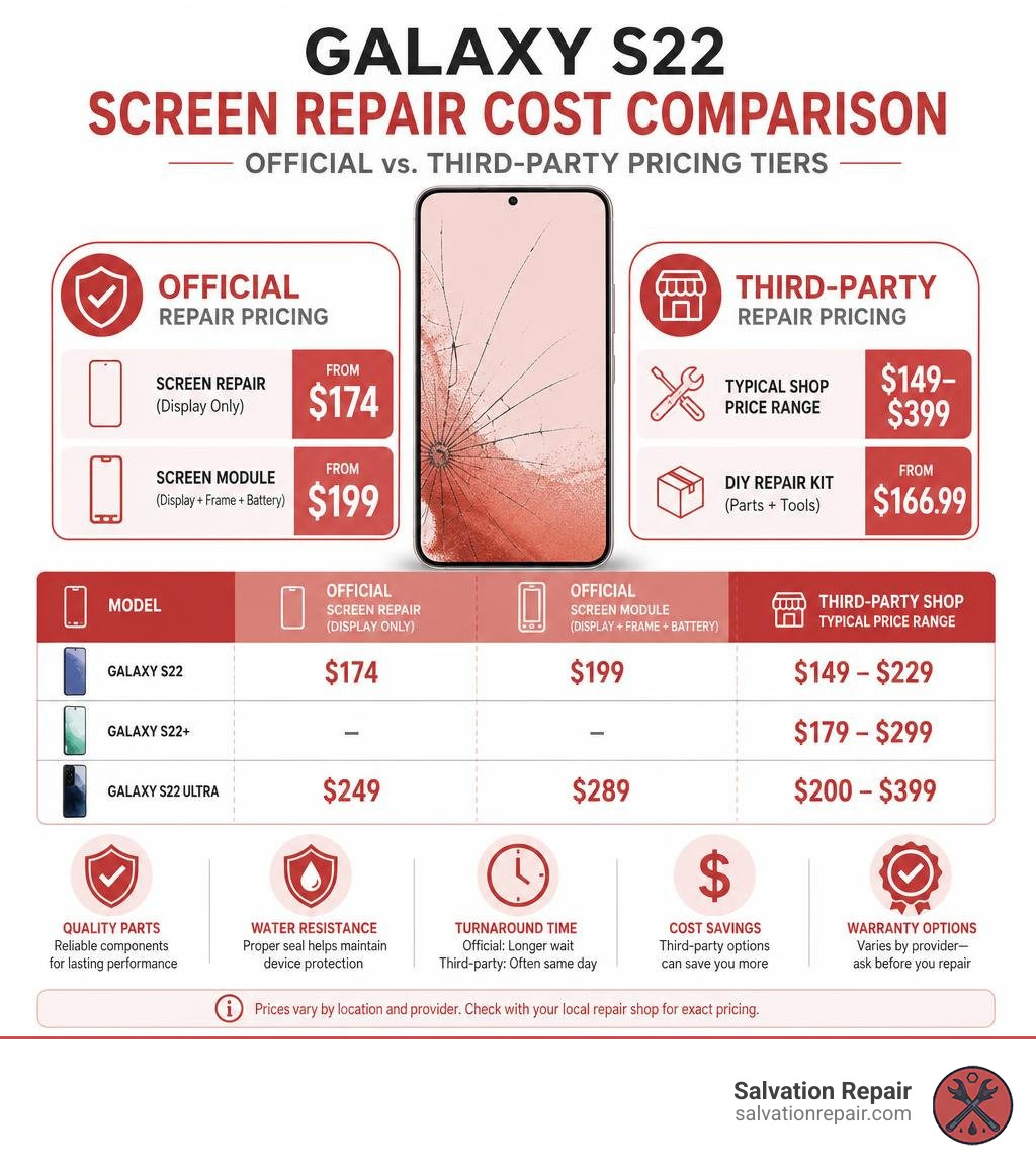 Galaxy S22 screen repair cost comparison infographic showing official vs third-party pricing tiers infographic