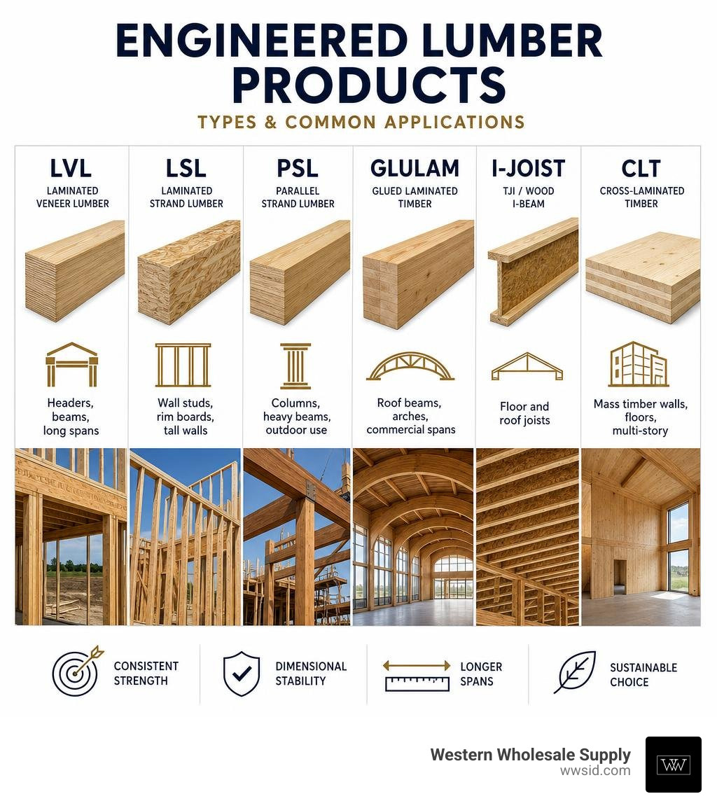 Engineered lumber product types comparison infographic showing LVL LSL PSL Glulam I-Joist CLT applications infographic Engineered lumber product types comparison infographic showing LVL LSL PSL Glulam I-Joist CLT applications infographic