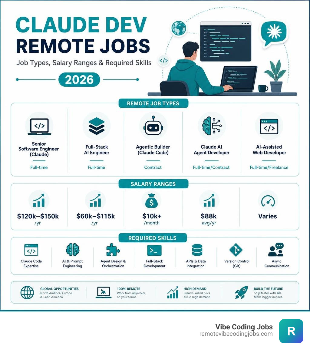 Infographic showing Claude dev remote job types, salary ranges, and required skills in 2026 infographic Infographic showing Claude dev remote job types, salary ranges, and required skills in 2026 infographic