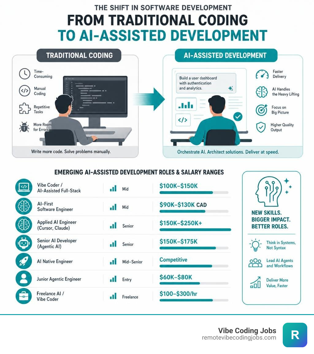 Infographic showing shift from traditional coding to AI-assisted development roles and salary ranges infographic