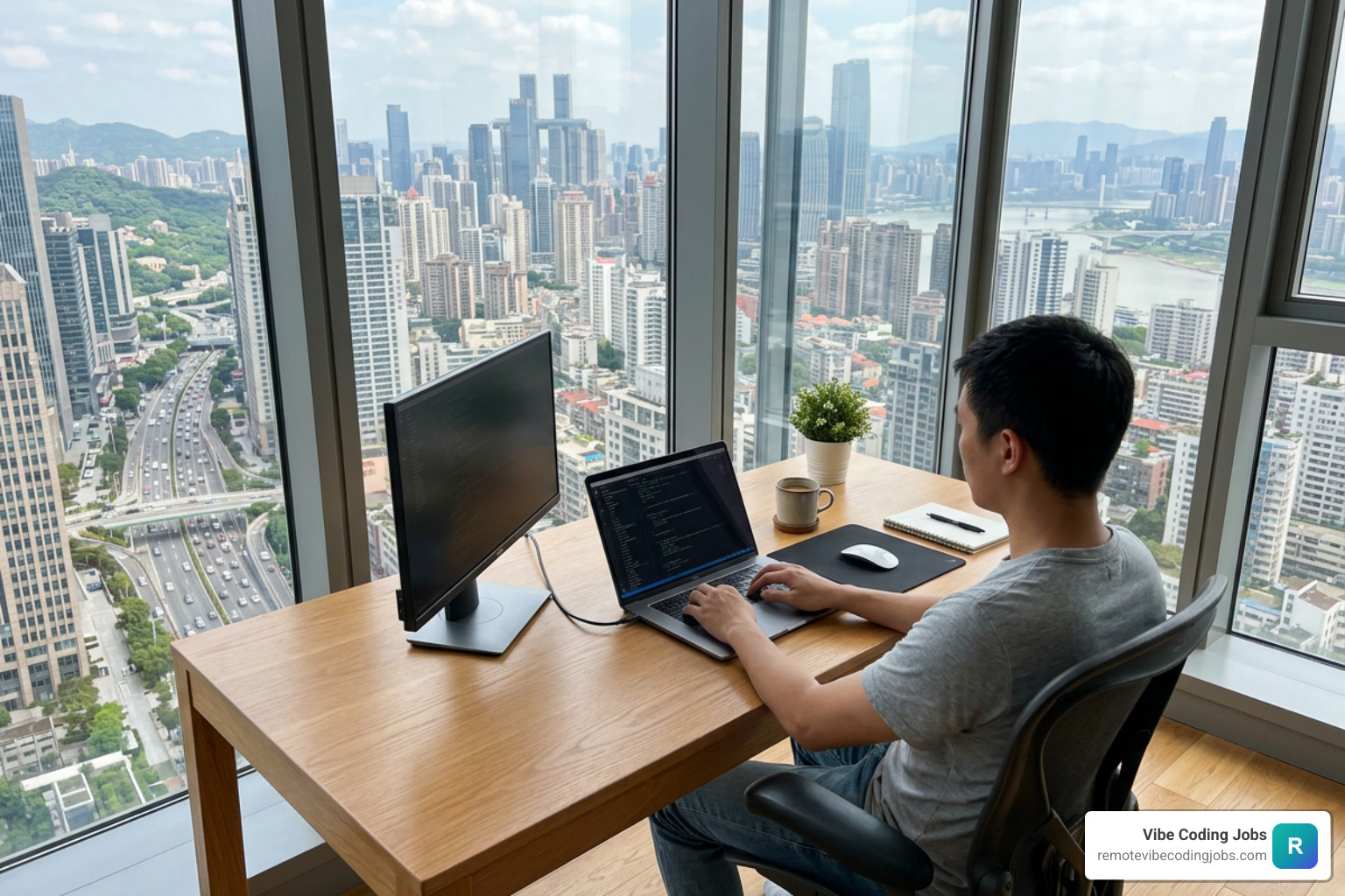 A clean, modern remote workspace with a view of an Asian metropolis