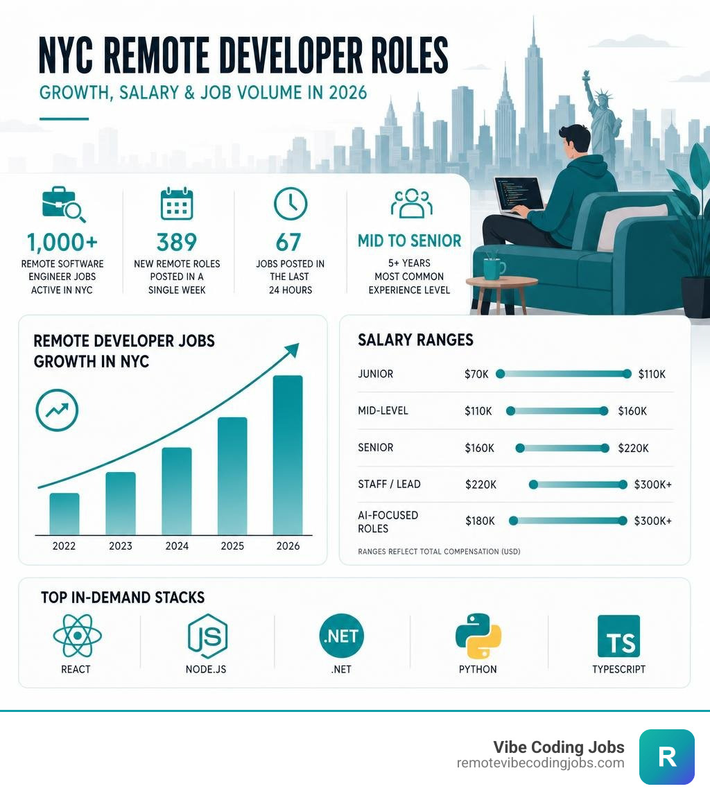 Growth of remote developer roles in NYC in 2026 with salary ranges and job volume infographic