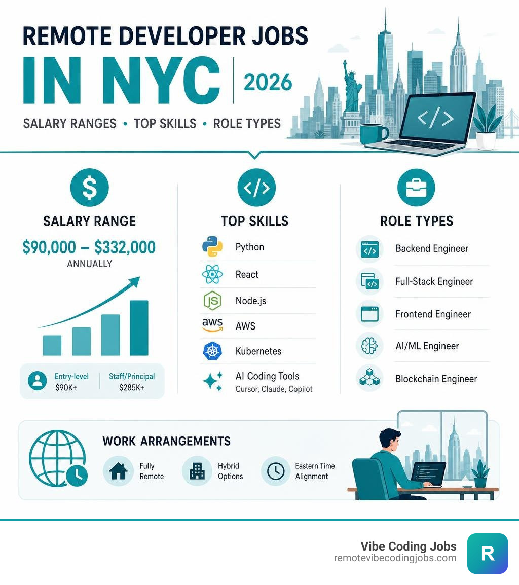 infographic showing salary ranges, top skills, and role types for remote developer jobs in NYC 2026 infographic