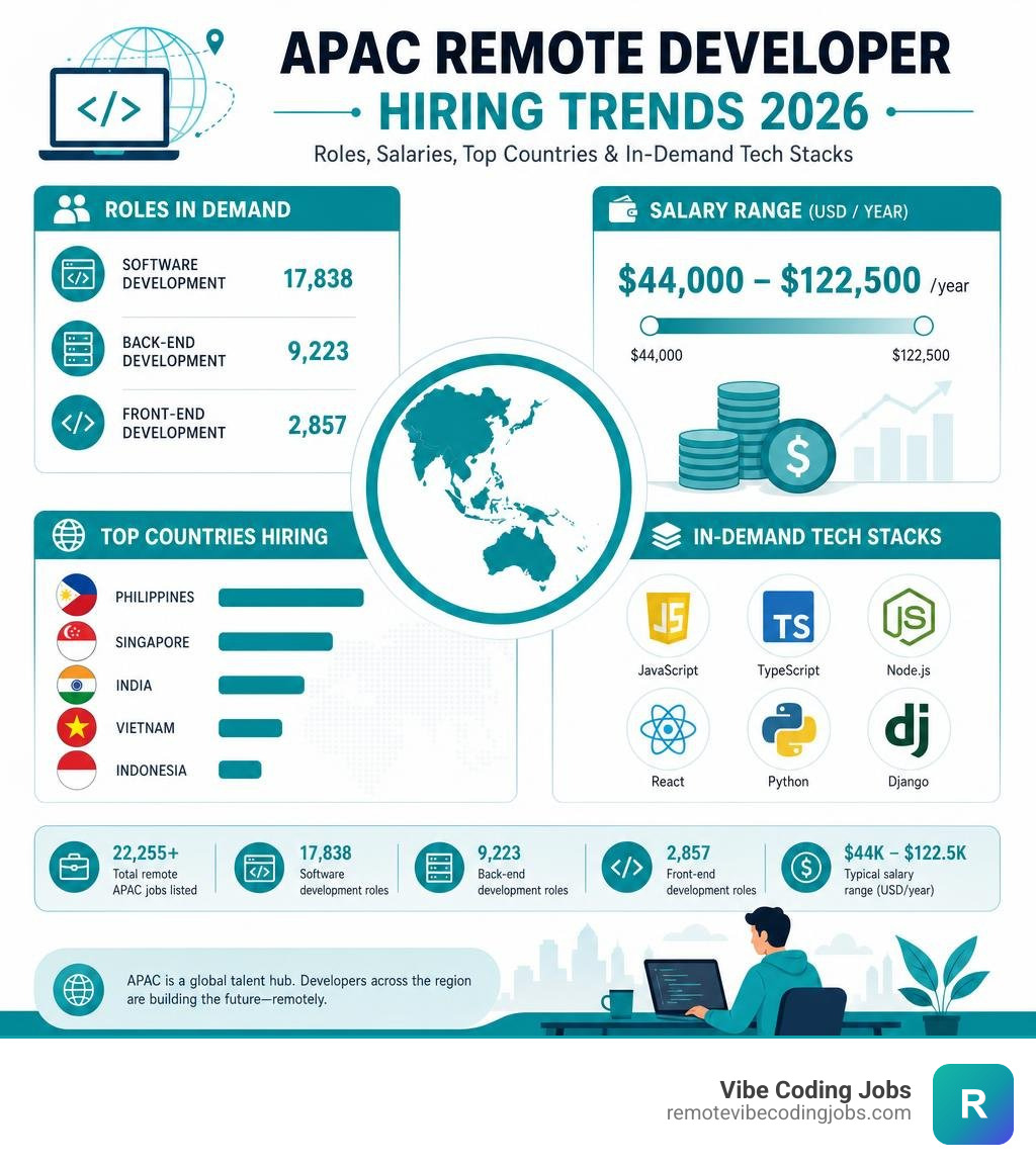 APAC remote developer hiring trends infographic: roles, salaries, top countries, and in-demand tech stacks infographic