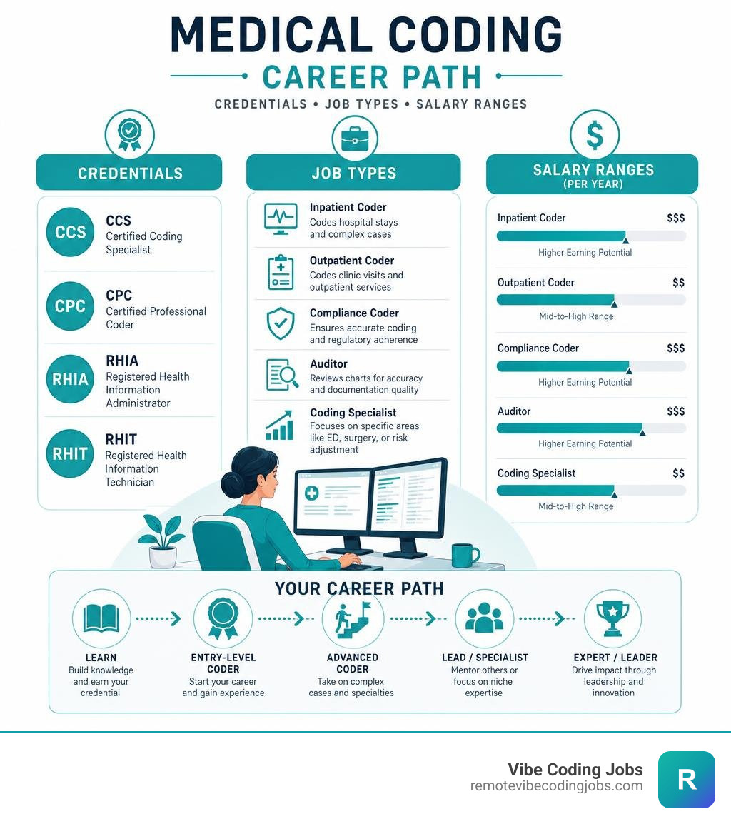 Medical coding career path infographic showing credentials, job types, and salary ranges infographic