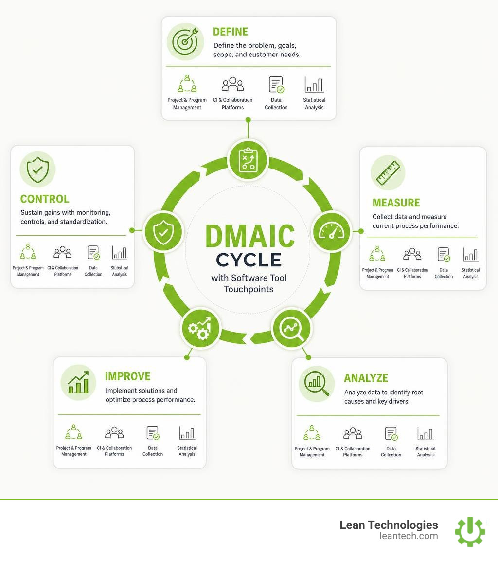 DMAIC cycle with software tool touchpoints mapped to each phase infographic DMAIC cycle with software tool touchpoints mapped to each phase infographic