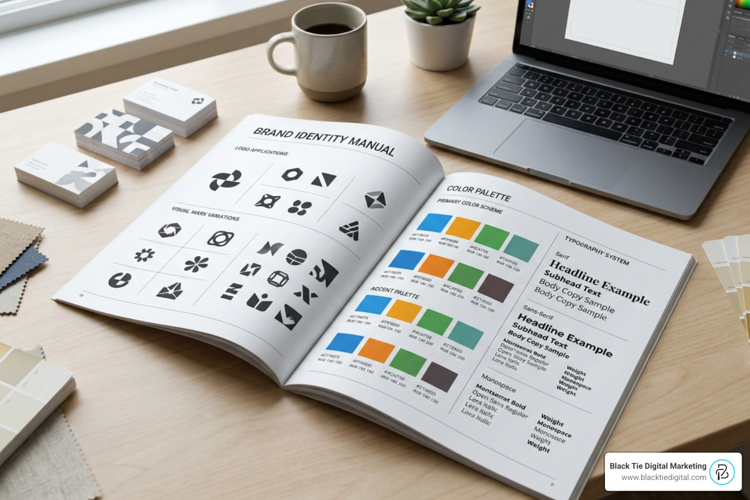 A comprehensive brand identity design system showing logo variations, color palettes, and typography rules A comprehensive brand identity design system showing logo variations, color palettes, and typography rules