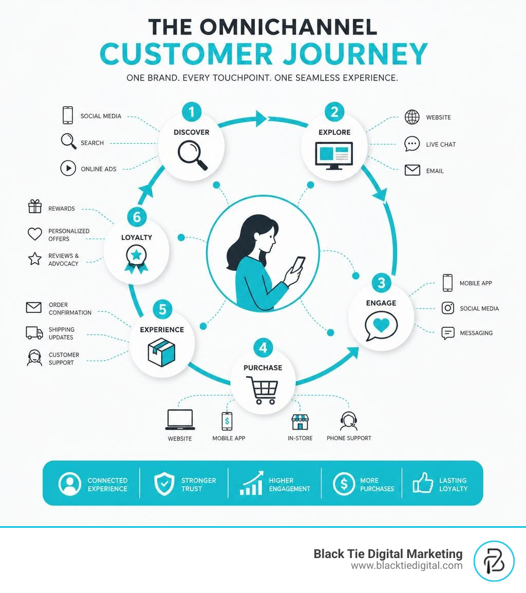 Infographic showing the omnichannel customer journey from discovery to loyalty across multiple touchpoints infographic Infographic showing the omnichannel customer journey from discovery to loyalty across multiple touchpoints infographic