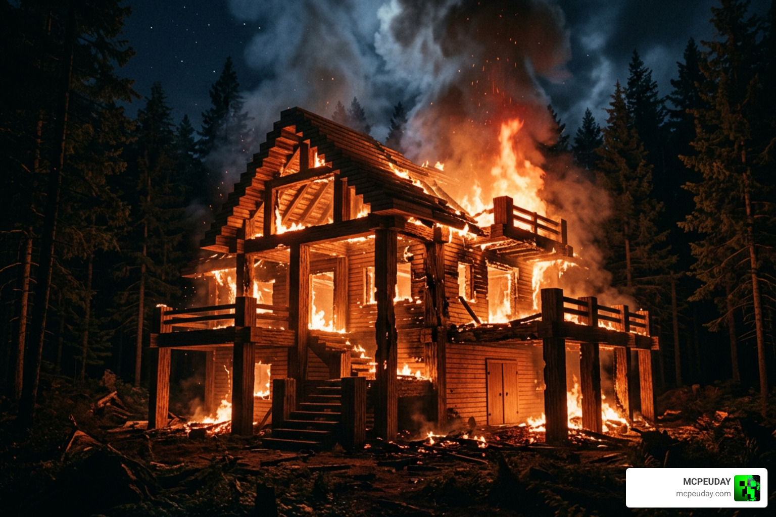A player base destroyed and set on fire by the Playmate mob