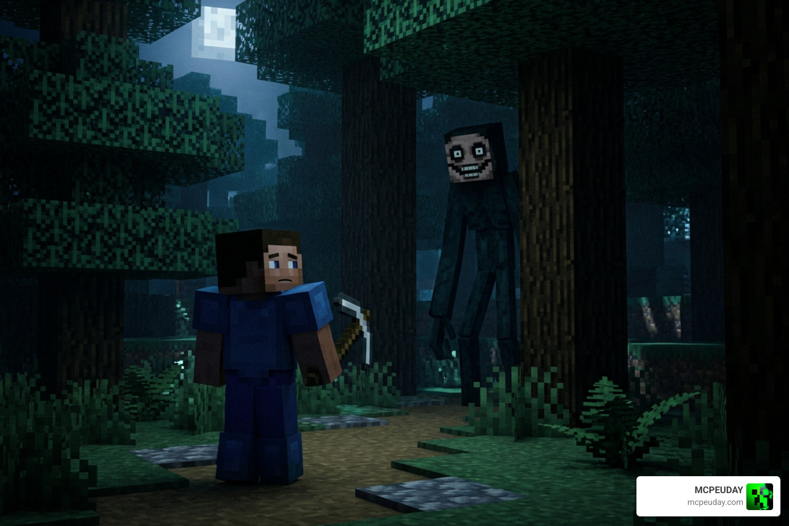 The Playmate entity stalking a player in a dark forest