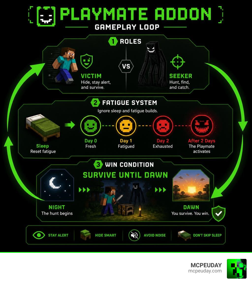 Playmate Addon gameplay loop infographic showing roles, fatigue system, and survive-until-dawn win condition infographic