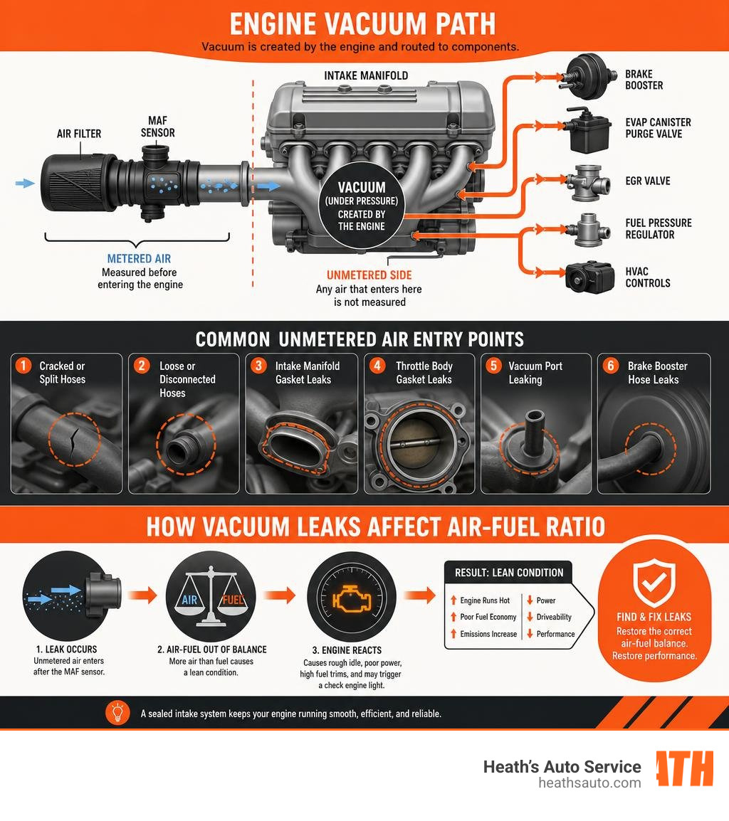 Infographic showing engine vacuum path, unmetered air entry points, and how vacuum leaks affect air-fuel ratio infographic